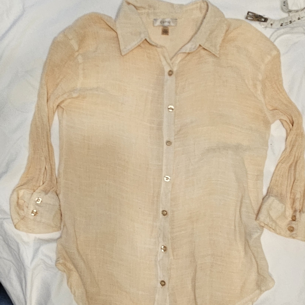Cupio Shirt cream Tunic Top Button Front High Low Hem 3/4 Sleeve - Picture 7 of 8